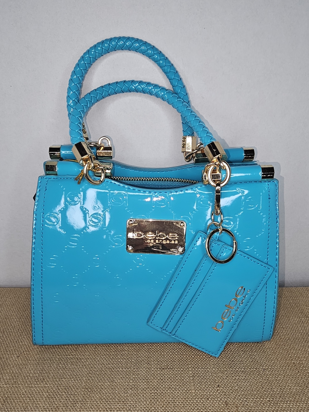 bebe Turquoise Patent Satchel with Gold Hardware